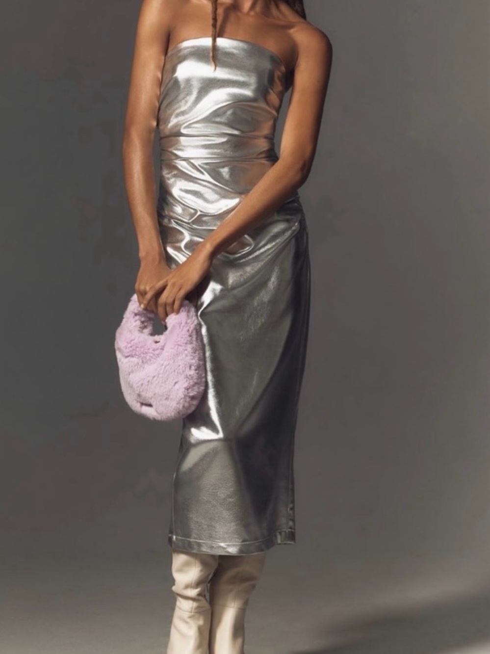 Strapless Metallic Silver Midi Dress